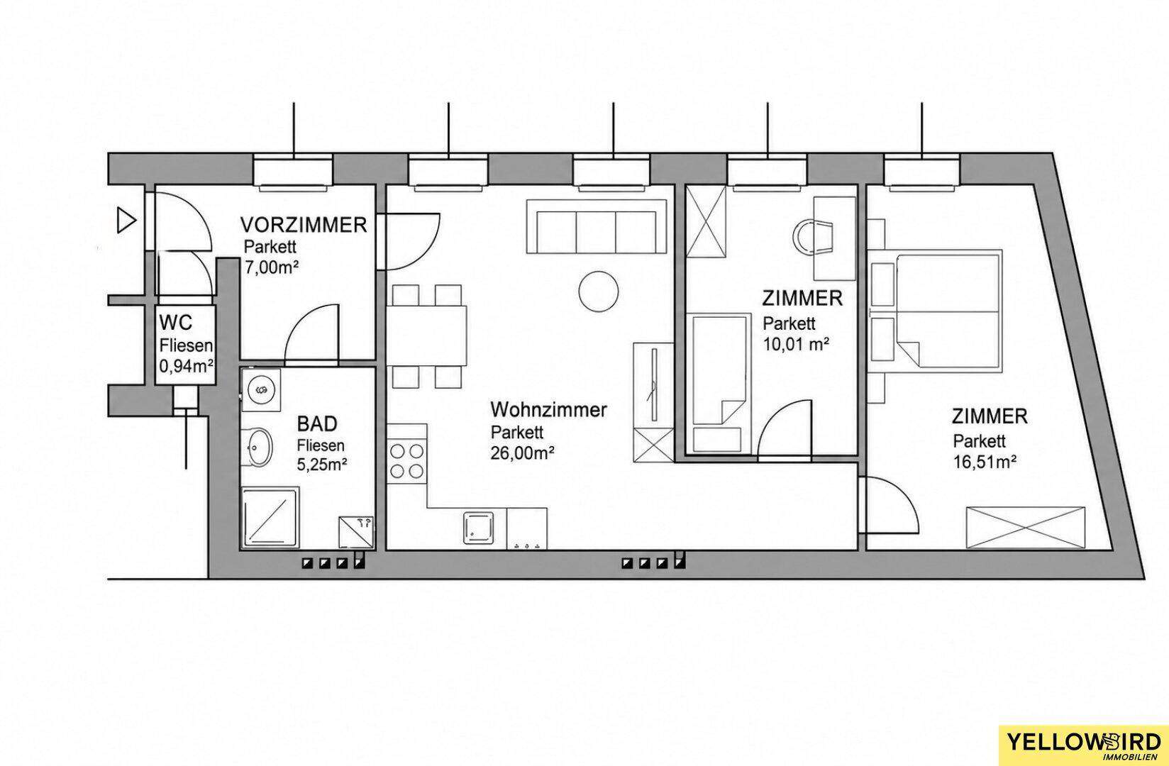 Grundriss einer Wohnung mit drei Zimmern, Wohnzimmer, Bad und separatem WC.