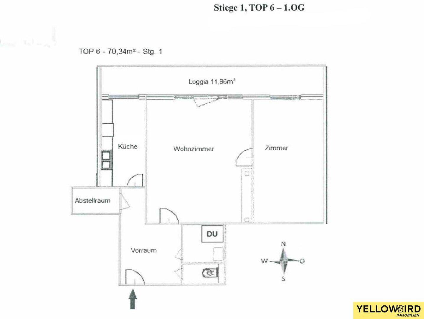 Grundriss der Wohnung TOP 6 mit 70,34m², inklusive Loggia, Küche und Wohnzimmer.