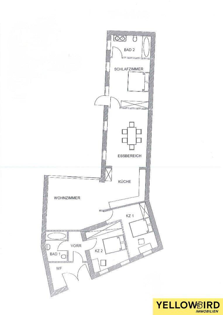 Grundriss des Anwesens mit Wohnzimmer, Küche, Essbereich und zwei Bädern.