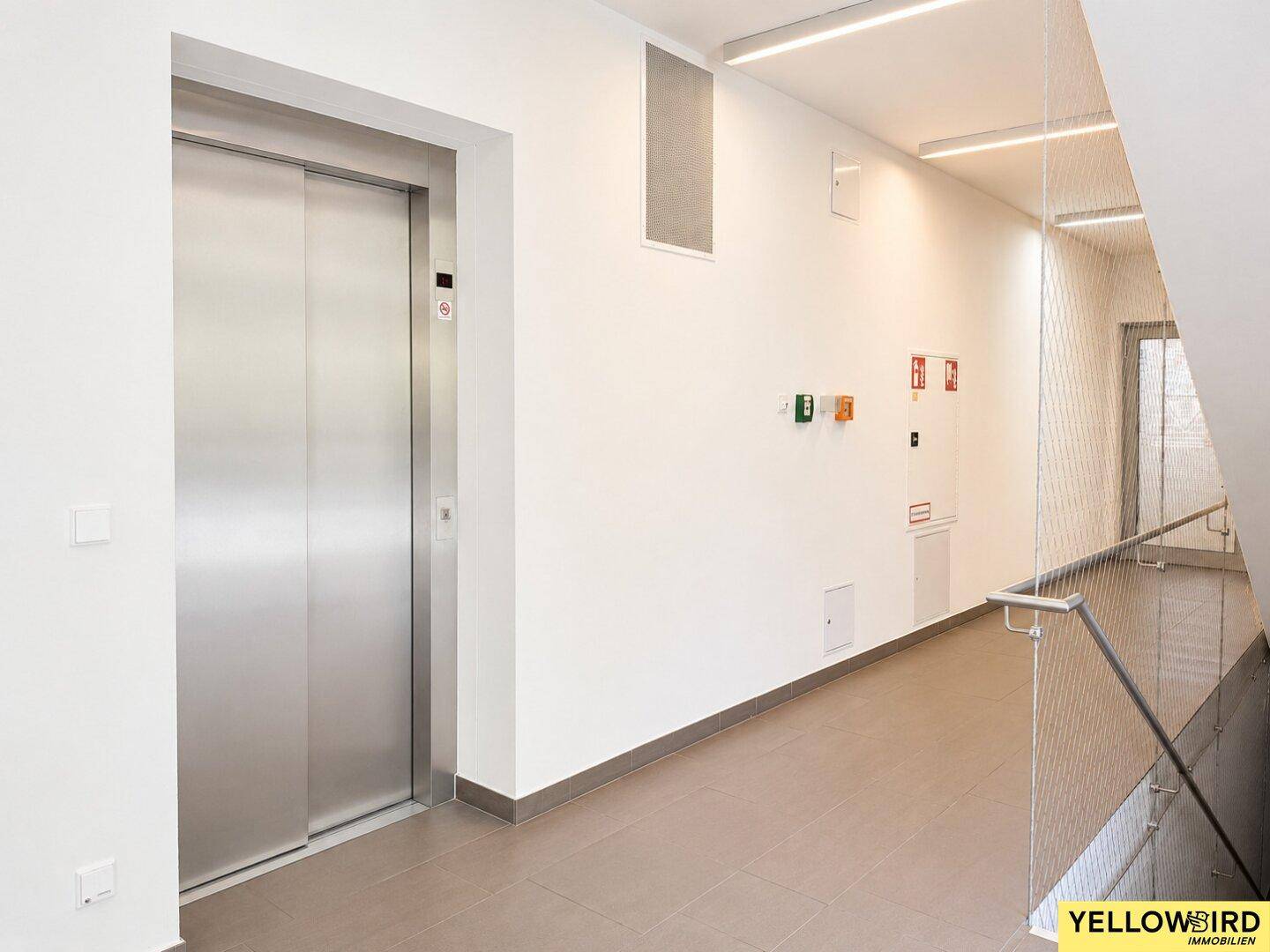 Heller Flur im Gemeinschaftsbereich mit modernem Aufzug und Treppenhauszugang.