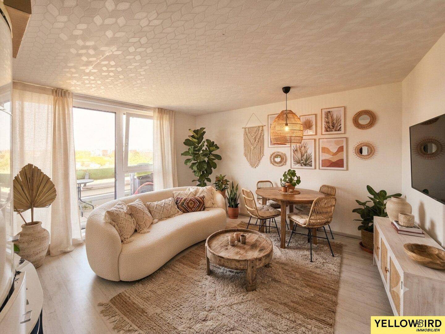 Gemütlicher Wohn- und Essbereich mit moderner Einrichtung, hellem Boden und Zugang zum Balkon.