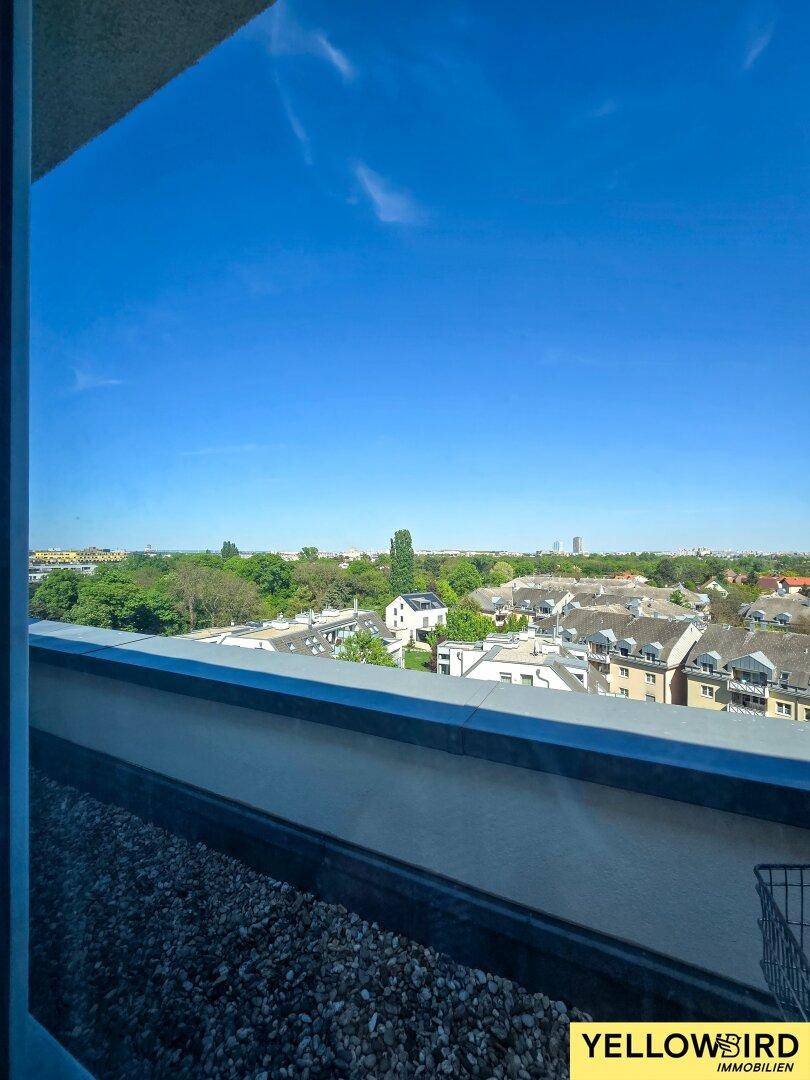 Weitblick über die Stadt und grüne Umgebung von einem Fenster aus.