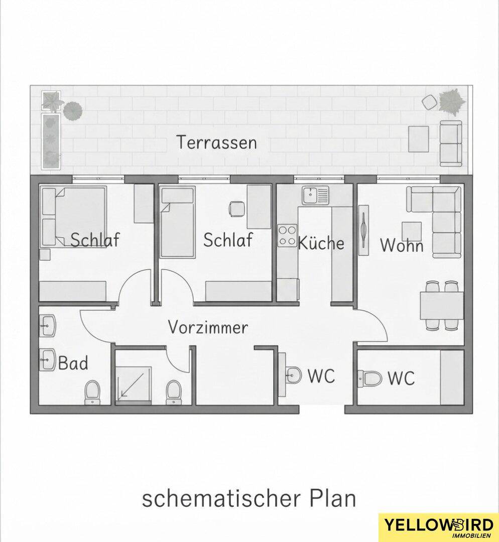 Schematischer Grundriss einer Wohnung mit drei Schlafzimmern, Küche, Wohnbereich und Terrassen.