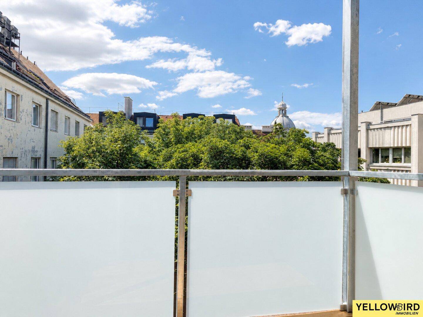 Sonniger Balkon mit Milchglasbrüstung und Blick auf die umliegenden Gebäude und Bäume.