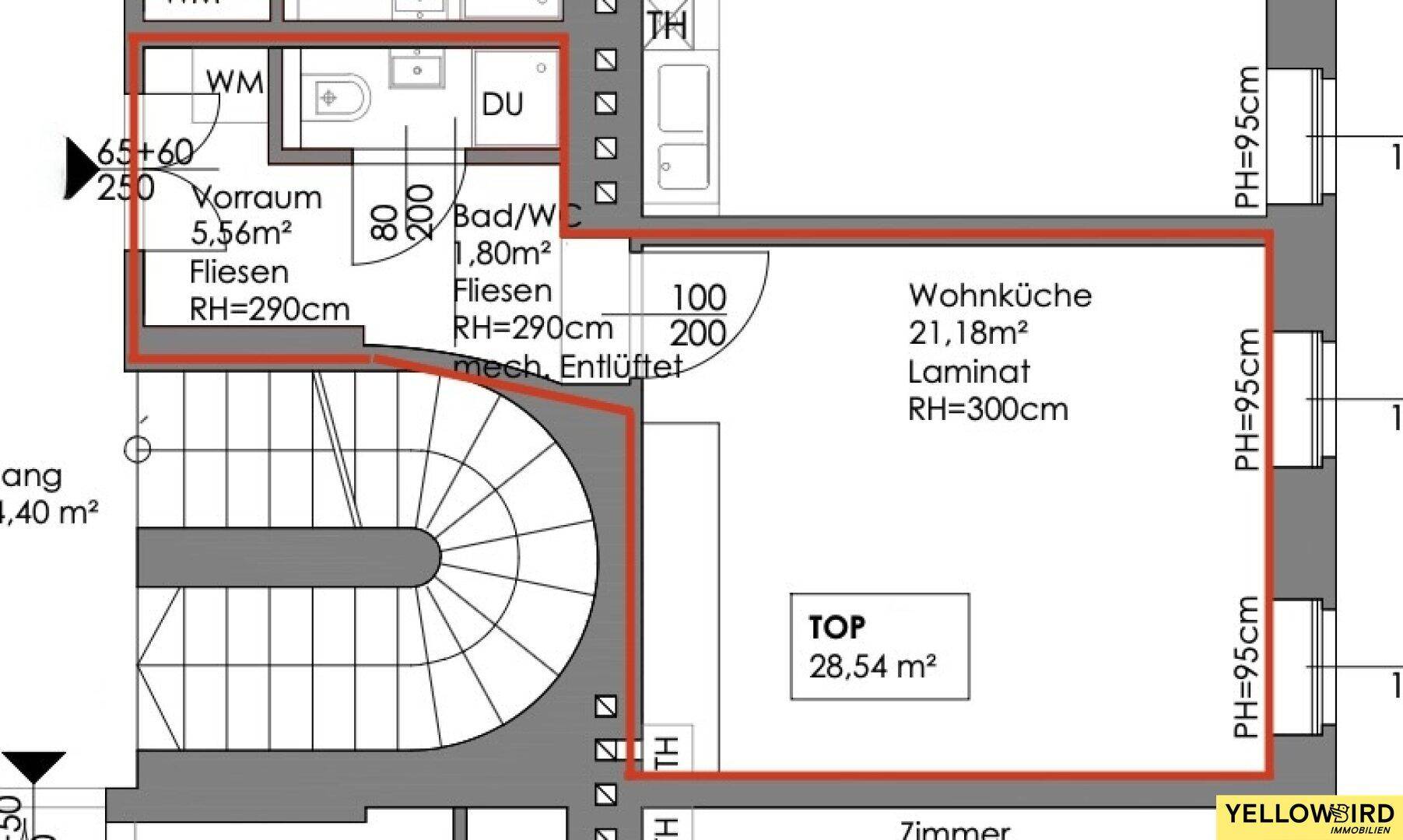 Grundriss einer Wohnung mit Wohnküche, Bad und Vorraum, inklusive Flächenangaben.