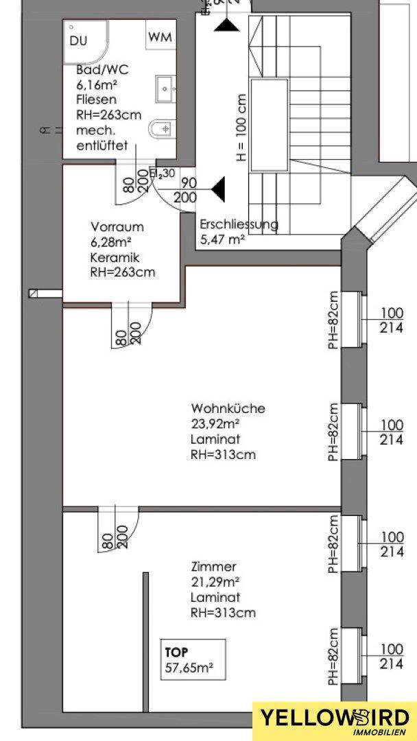Grundriss einer Wohnung mit Wohnküche, Zimmer und Bad/WC, Gesamtfläche 57,65m².