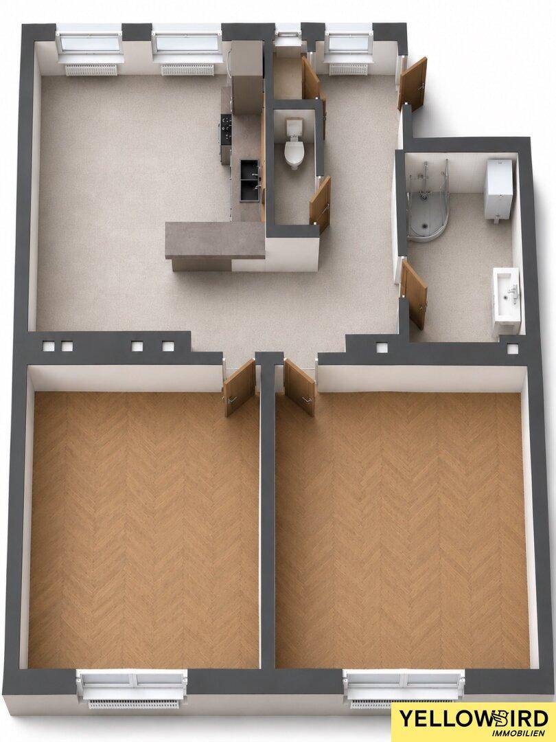 3D-Grundriss der Wohnung mit offener Küche, zwei Schlafzimmern und Bad.