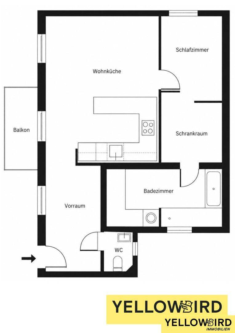 Grundriss einer Wohnung mit Wohnküche, Schlafzimmer, Schrankraum, Bad, WC und Balkon.