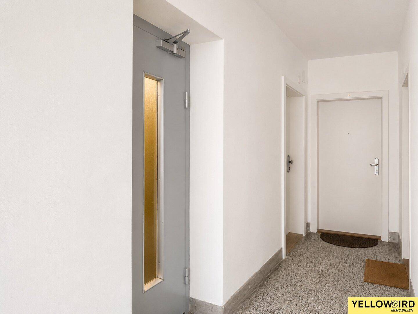Eingangsbereich mit Aufzugstür und Zugang zu den Wohnungen, ausgestattet mit Terrazzoboden.