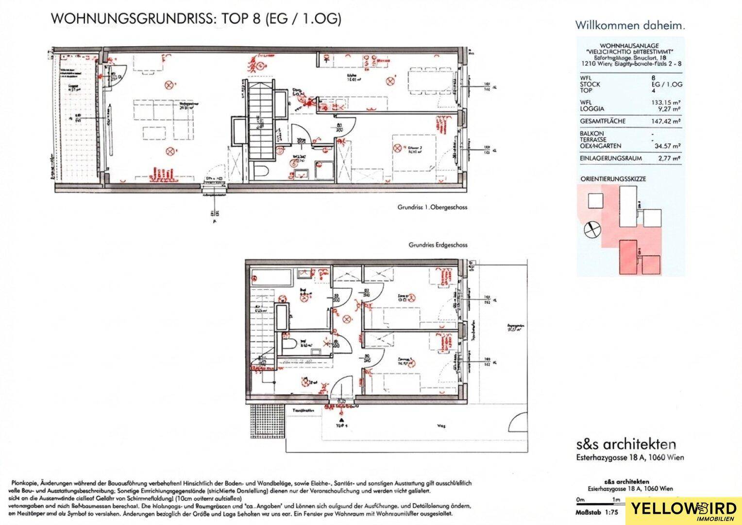 Detaillierter Grundriss einer Maisonette-Wohnung mit Erd- und Obergeschoss, Balkon und Garten.