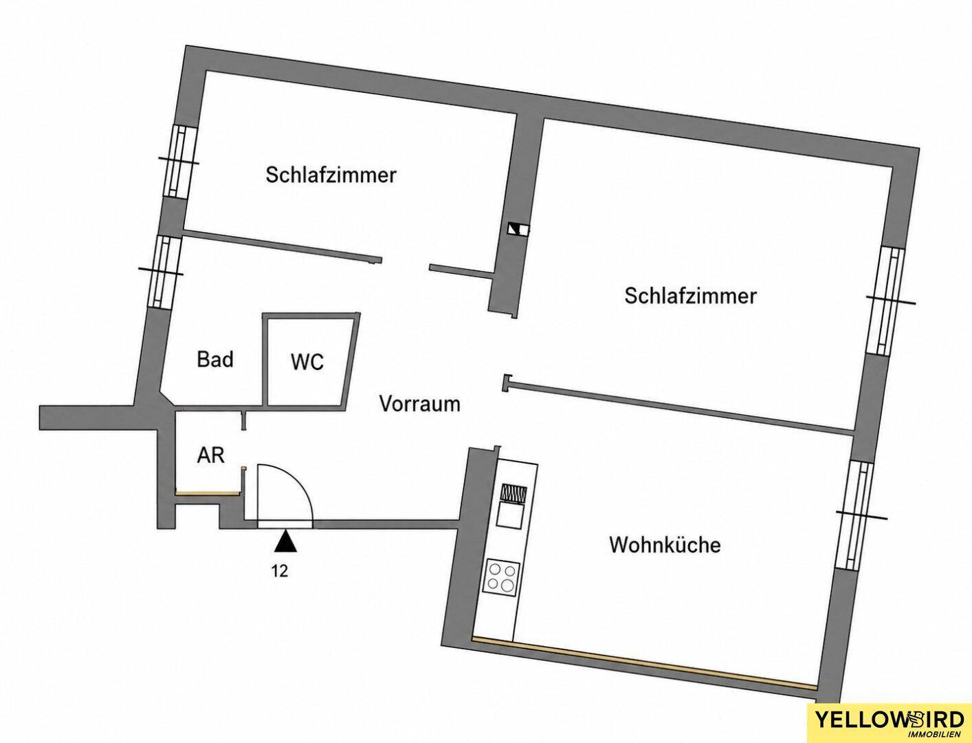 Grundriss der Wohnung mit zwei Schlafzimmern, Bad, WC und offener Wohnküche.