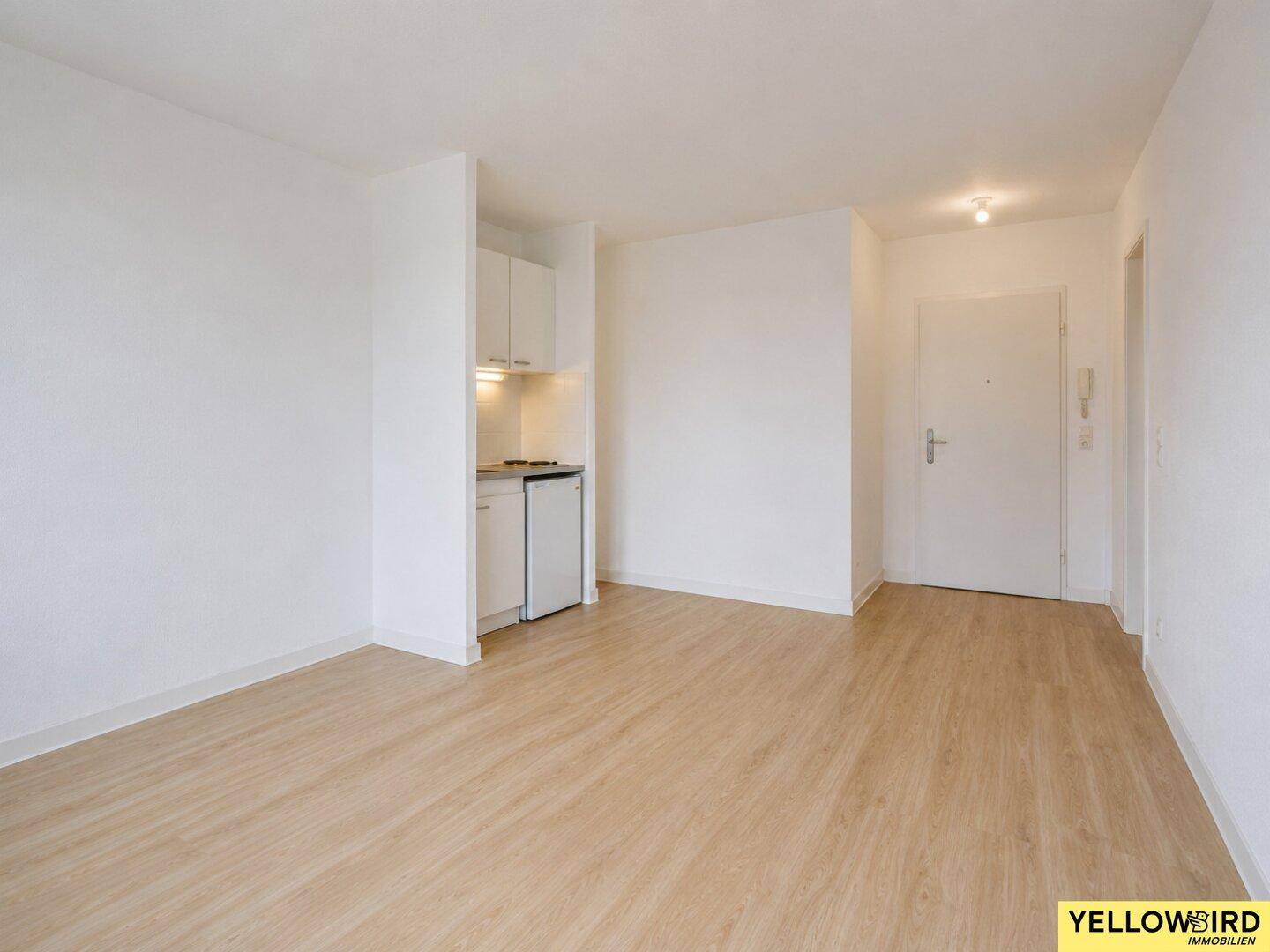 Offener Wohnbereich mit kleiner Küchenzeile und Eingangstür, ausgestattet mit hellem Laminatboden.