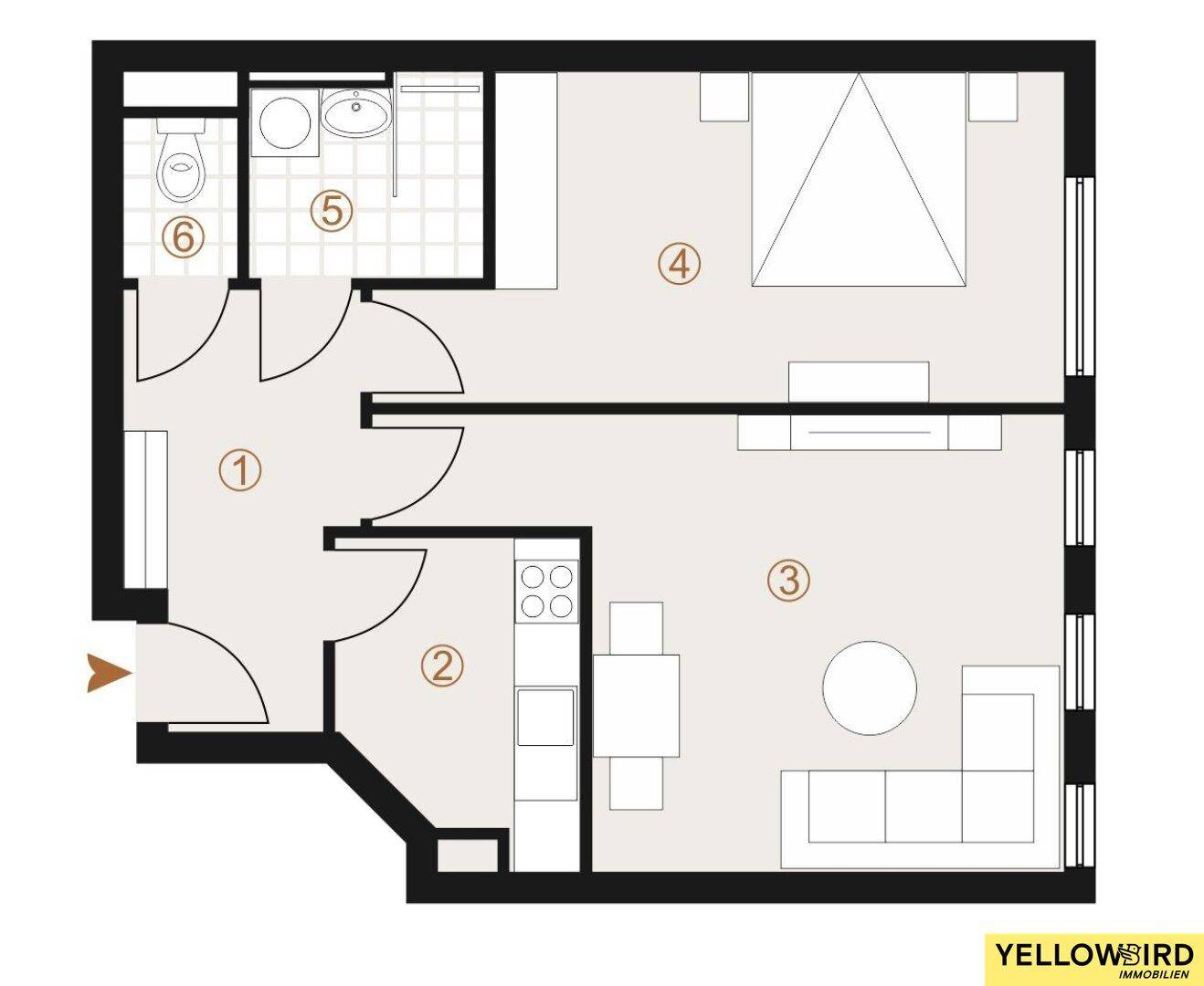 Grundriss einer Wohnung mit einem Schlafzimmer, offener Küche, Wohnbereich, Bad und separatem WC.