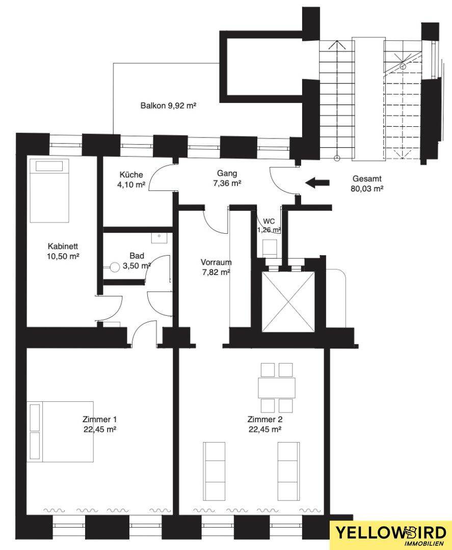 Grundriss der Wohnung mit Balkon, Küche, Bad und zwei Zimmern, Gesamtfläche 80,03 m².