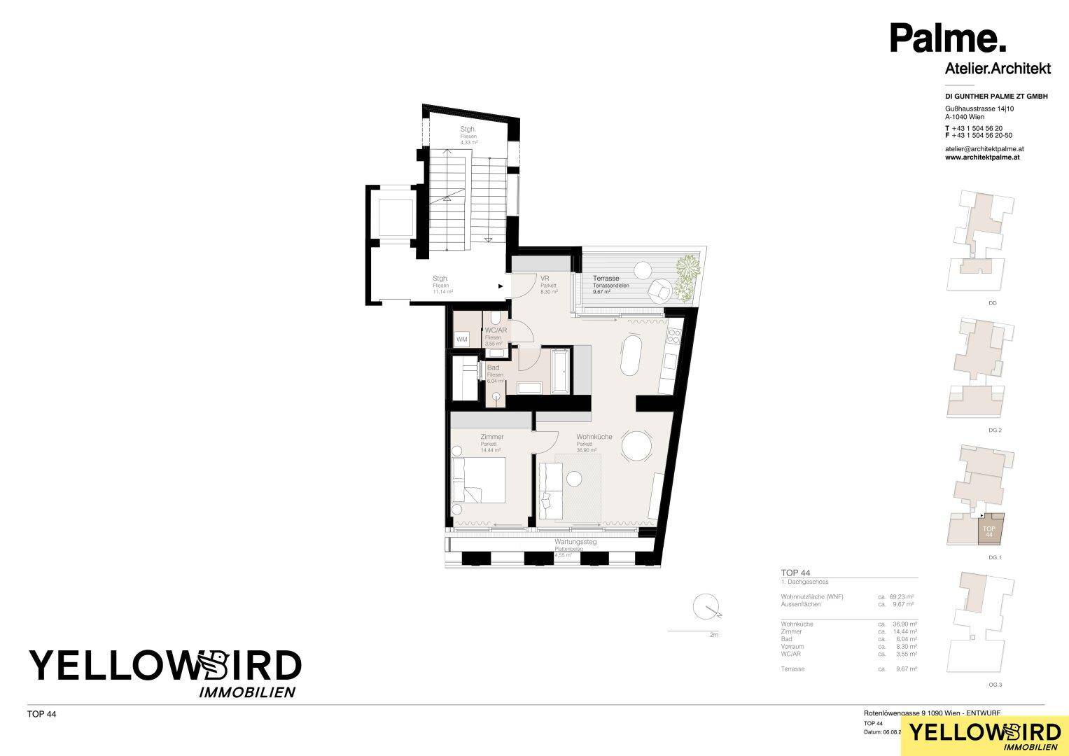 Grundriss der Wohnung TOP 44 mit Schlafzimmer, Bad und großer Terrasse.