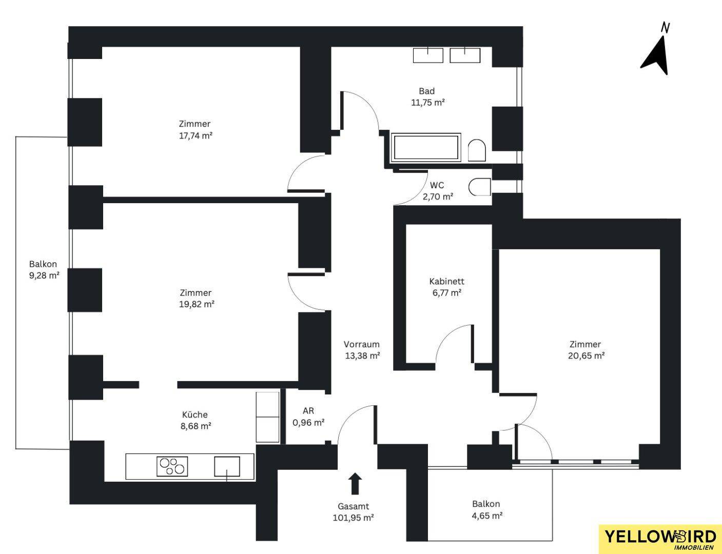Grundriss der Wohnung mit drei Zimmern, zwei Balkonen und separatem WC.