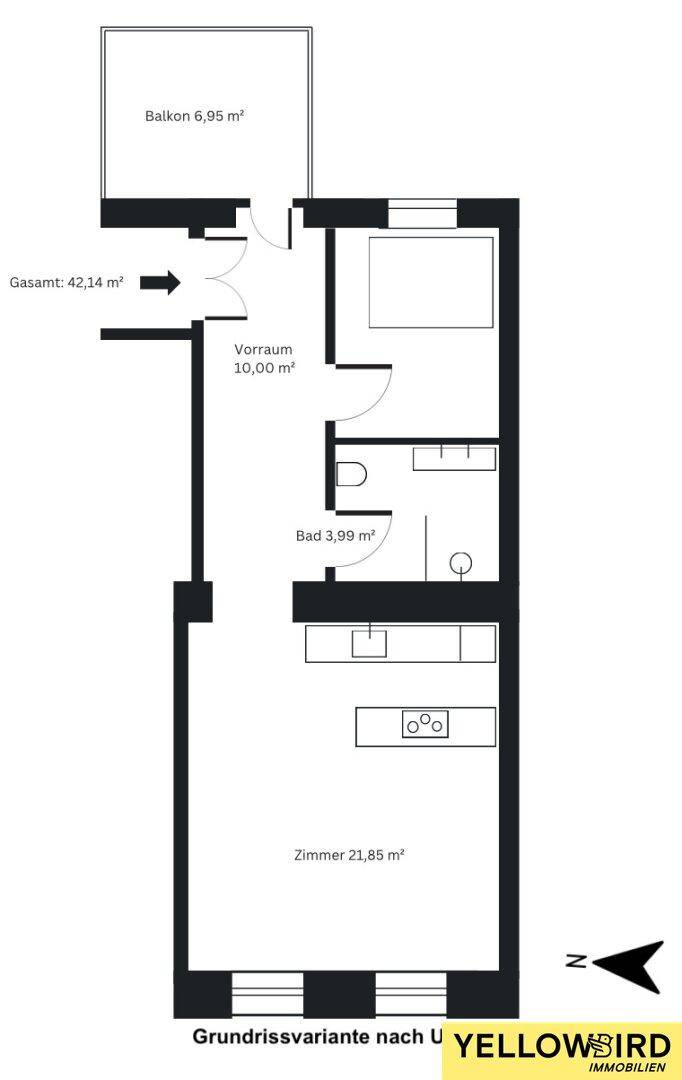 Grundriss einer Wohnung mit Balkon, Vorraum, Bad und einem offenen Wohnbereich mit integrierter Küchenzeile.