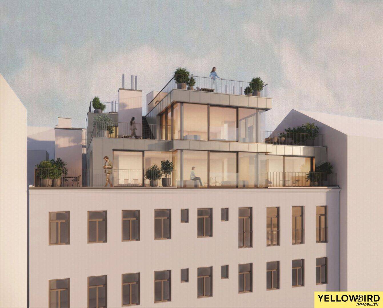 Nahaufnahme des modernen Dachgeschossausbaus mit großen Glasflächen und Dachterrassen.