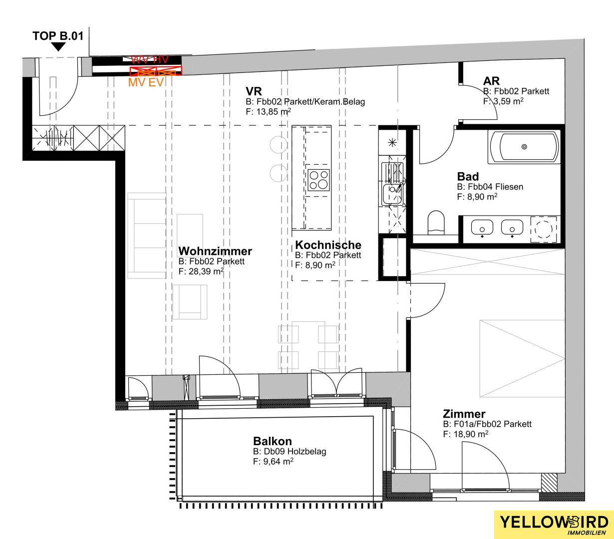 Grundriss einer Wohnung mit Wohnzimmer, Kochnische, Schlafzimmer, Bad und Balkon.