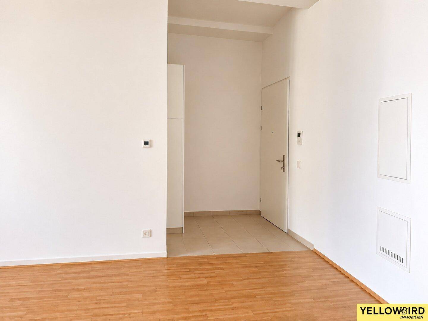 Eingangsbereich mit Fliesenboden, der in Holzboden übergeht, und einer modernen Eingangstür.
