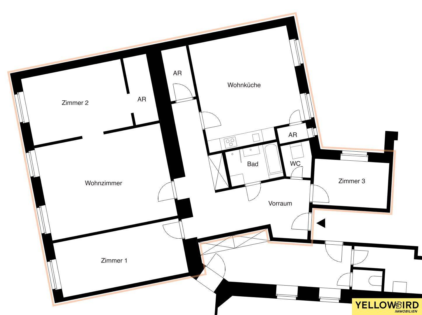Detaillierter Grundriss einer Wohnung mit mehreren Zimmern, Wohnküche und zwei Bädern.