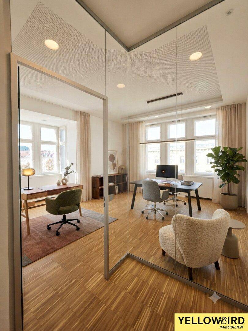 Modern eingerichtetes Büro mit Glaswänden, Holzboden und Blick auf die Stadt, ideal für konzentriertes Arbeiten.