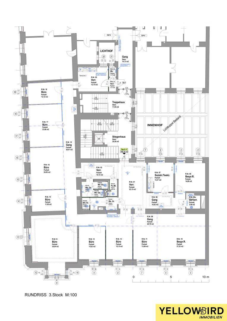 Detaillierter Grundriss des 3. Stocks mit Büroräumen, Teeküchen und Sanitärbereichen, inklusive Lichthof.