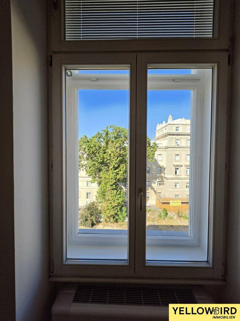 Fenster mit Blick auf Bäume und ein historisches Gebäude, das viel Tageslicht in den Raum bringt.