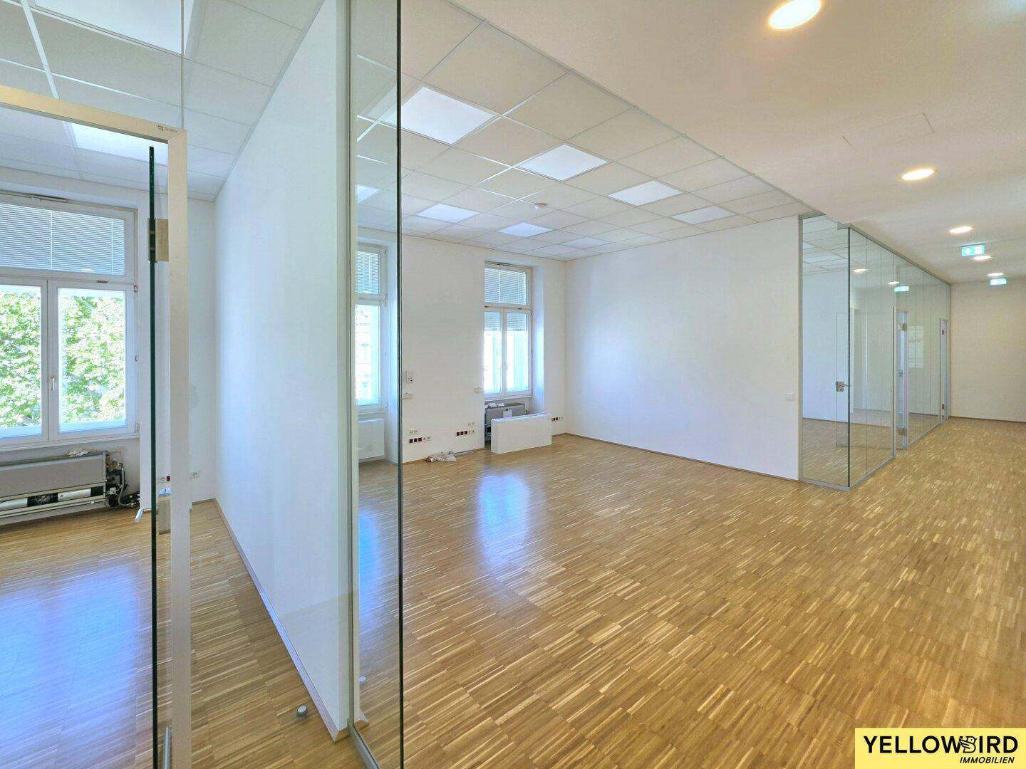 Heller Büroraum mit Holzparkett und raumhohen Glaswänden, die viel Tageslicht hereinlassen und Transparenz bieten.