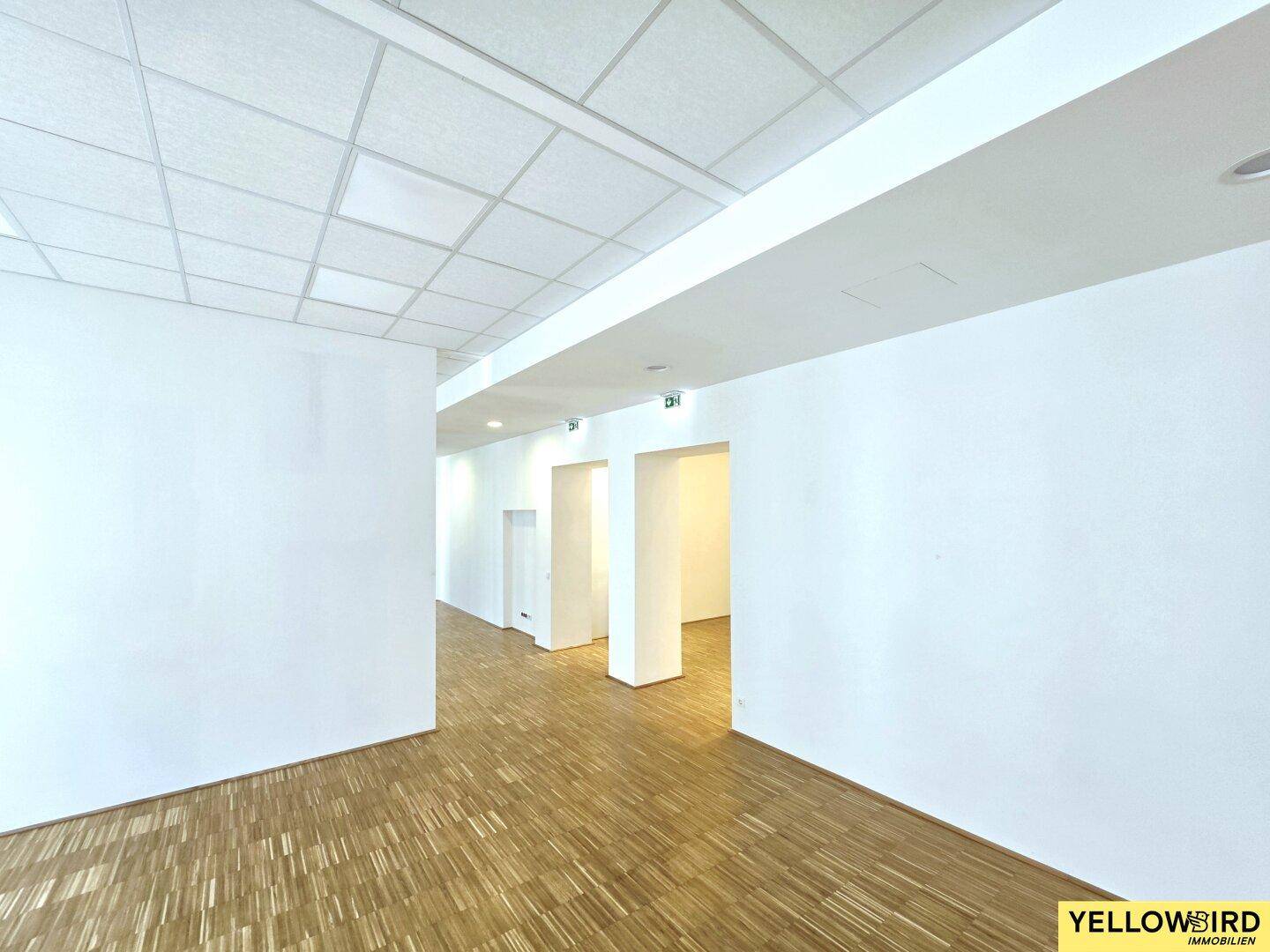 Heller Büroraum mit Holzparkett und indirekter Deckenbeleuchtung, bereit zur Einrichtung und vielseitig nutzbar.