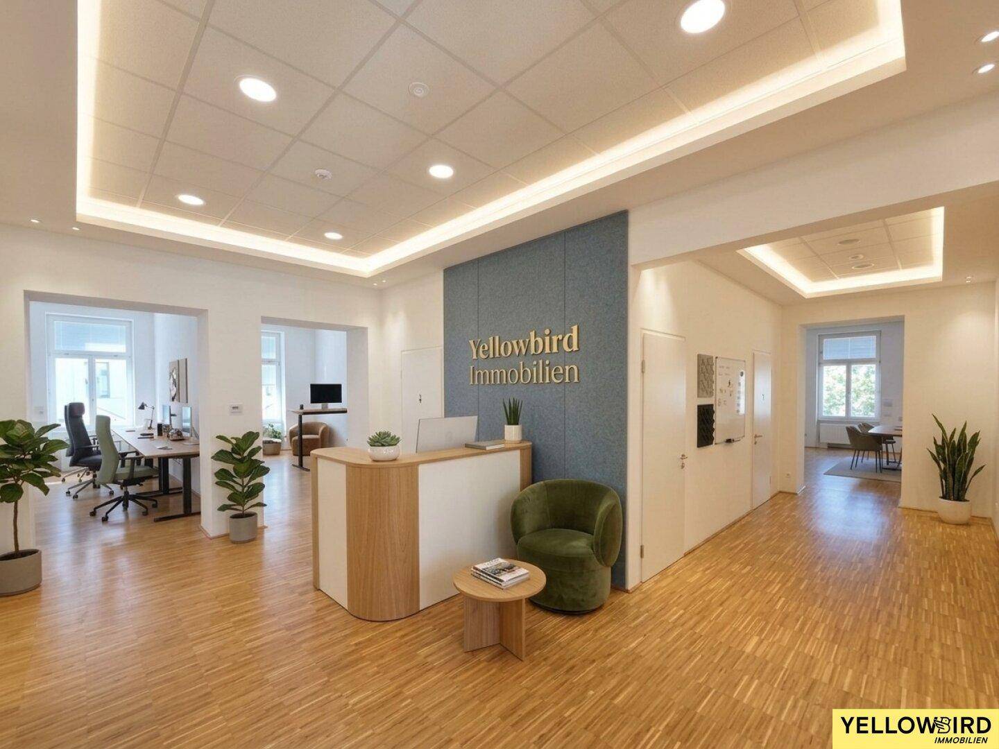 Moderner Empfangsbereich mit Holzboden, stilvoller Rezeptionstheke und grünen Pflanzen, die eine angenehme Atmosphäre schaffen.