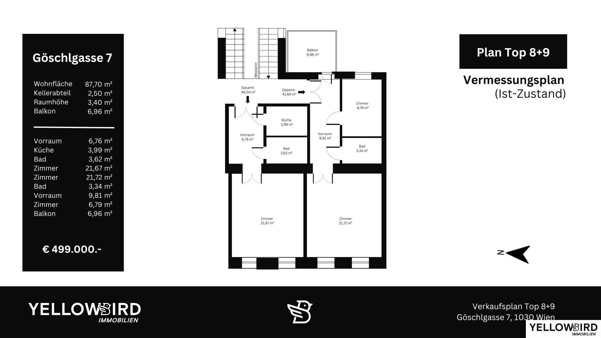 Vermessungsplan des Ist-Zustands mit Balkon und mehreren Zimmern.