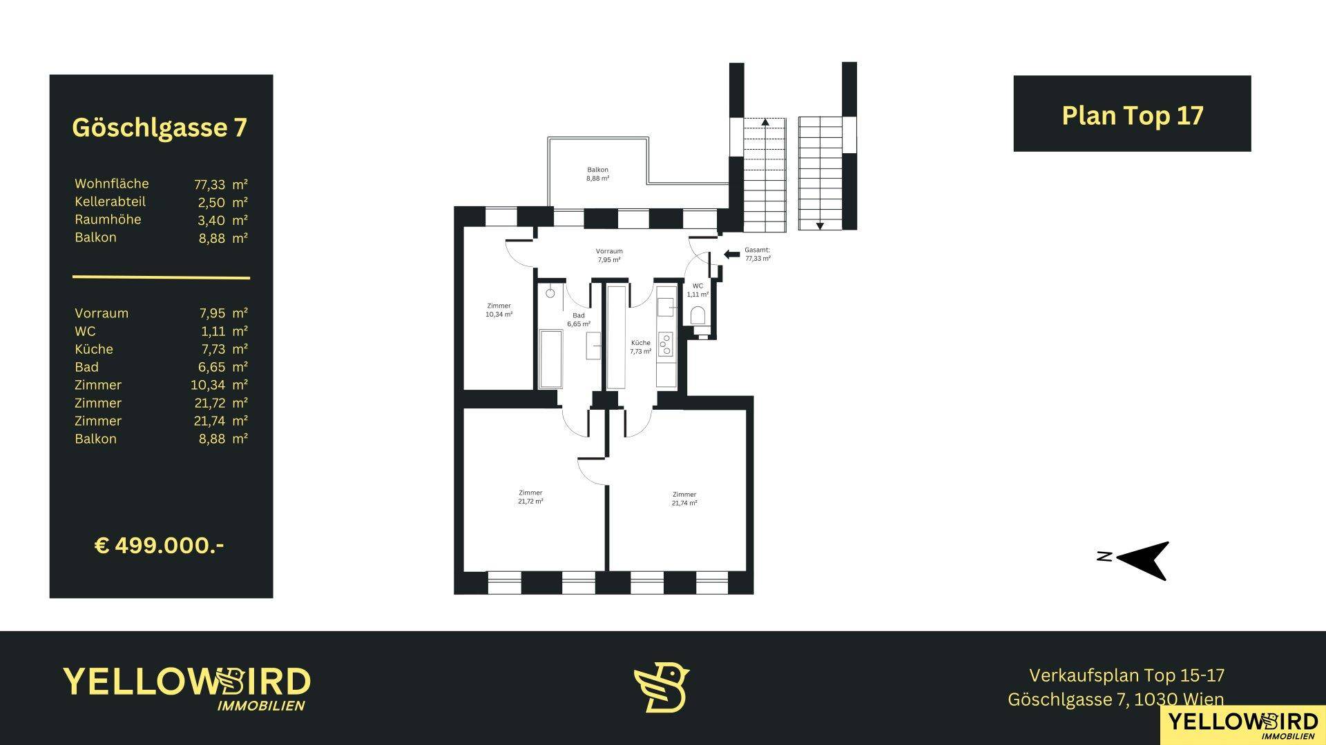 Grundriss der Wohnung Top 17 mit drei Zimmern, Balkon und klarem Layout.