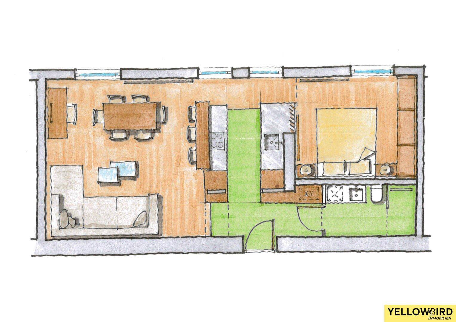 Handgezeichneter Grundriss einer Wohnung mit offenem Wohn-, Ess- und Küchenbereich sowie Schlafzimmer.