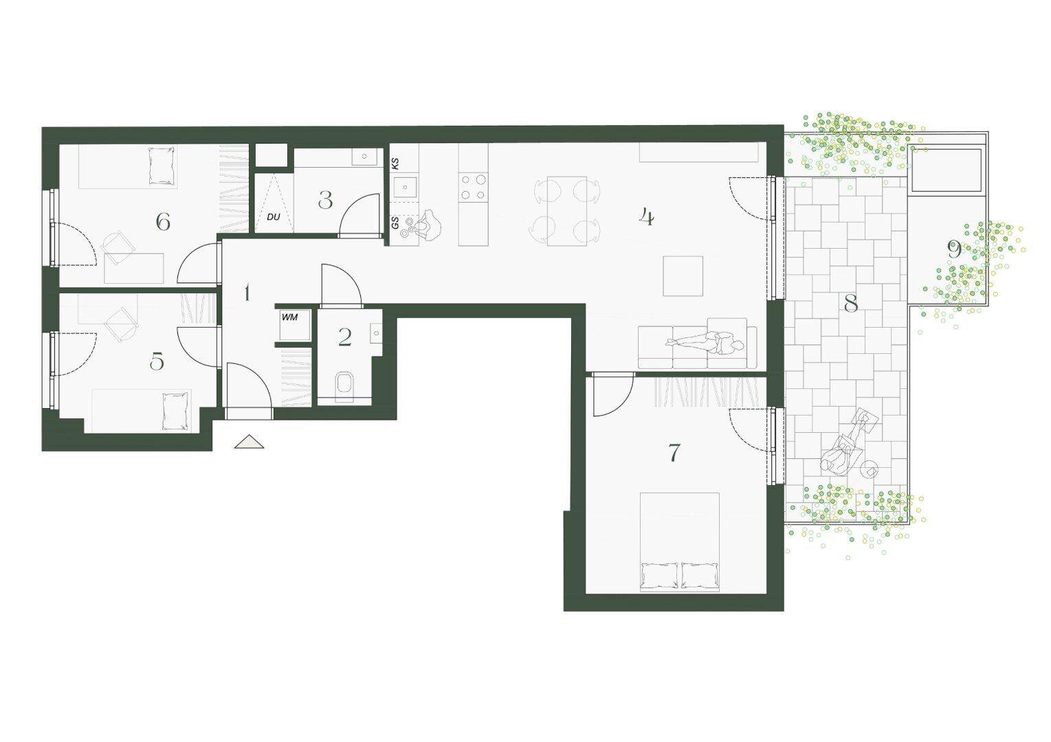Grundriss einer Wohnung mit drei Schlafzimmern, offenem Wohnbereich und großer Terrasse.