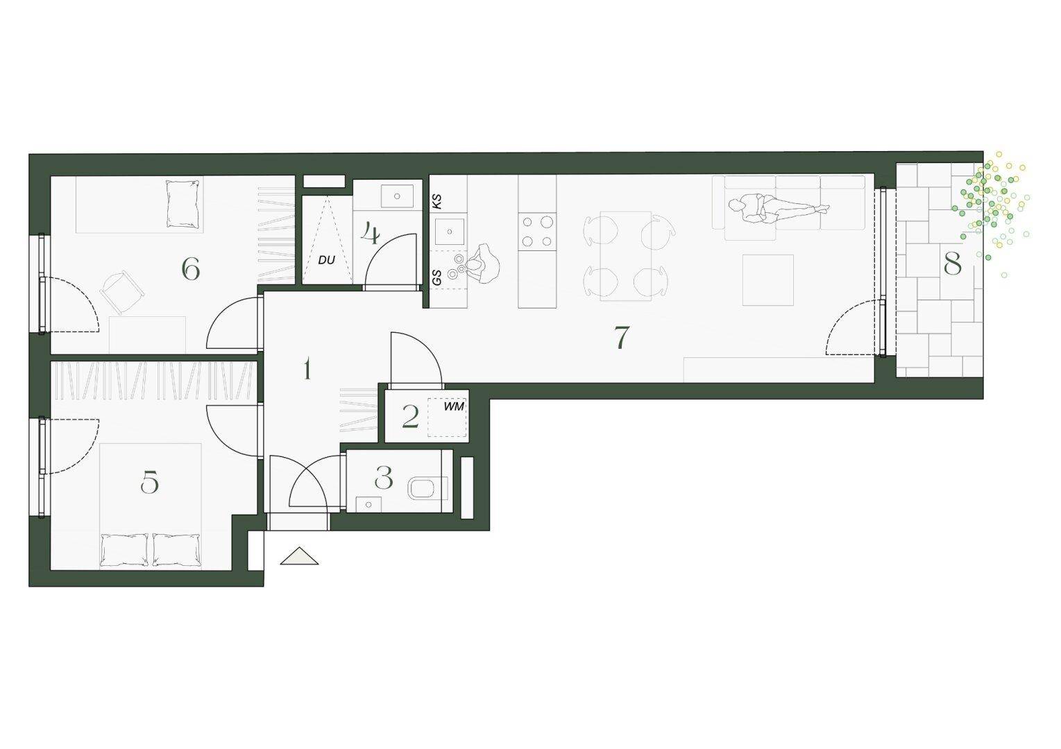 Grundriss einer länglichen Wohnung mit zwei Schlafzimmern, offenem Wohnbereich und Balkon.