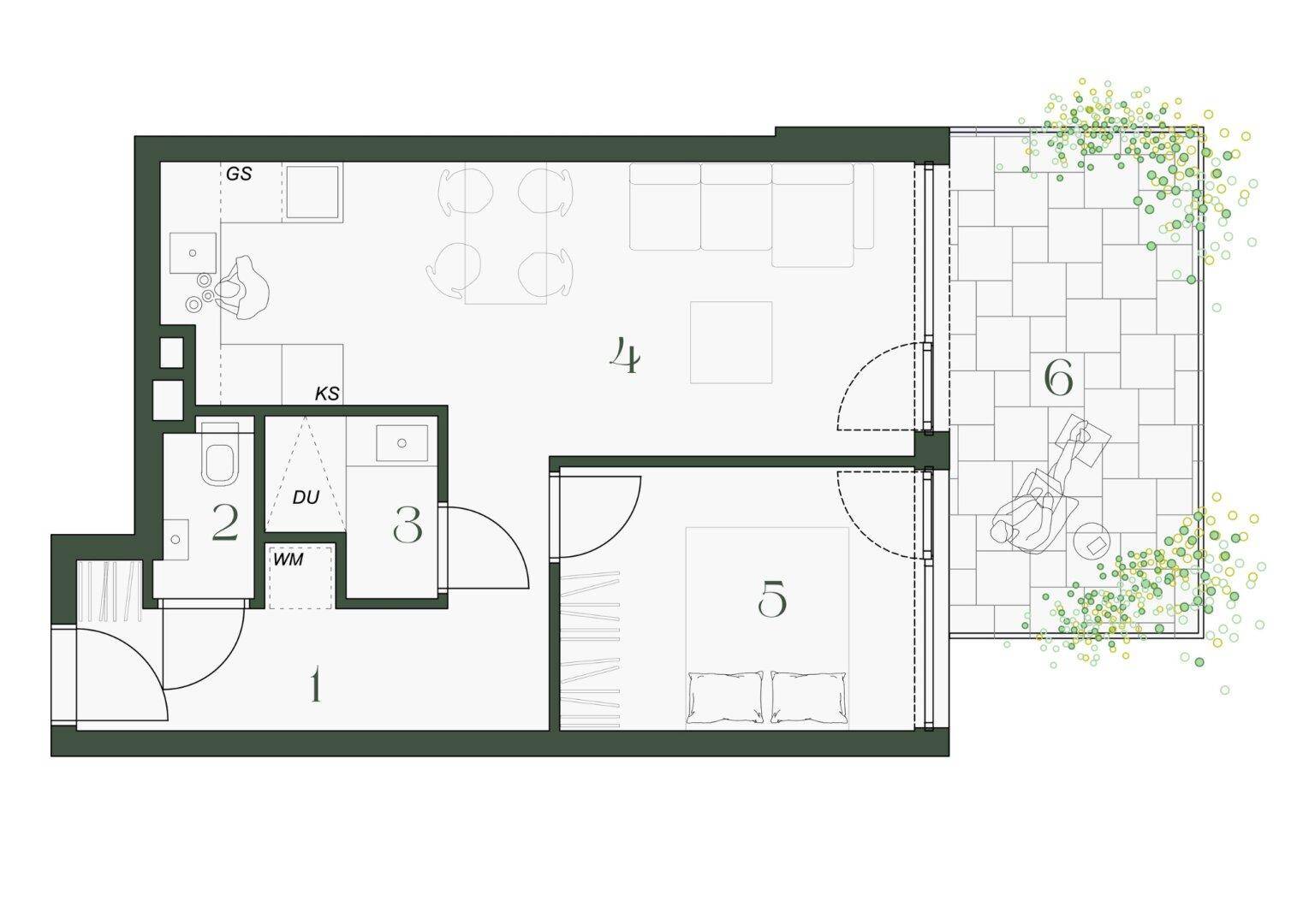 Grundriss einer kompakten Wohnung mit einem Schlafzimmer, offenem Wohnbereich und großer Terrasse.