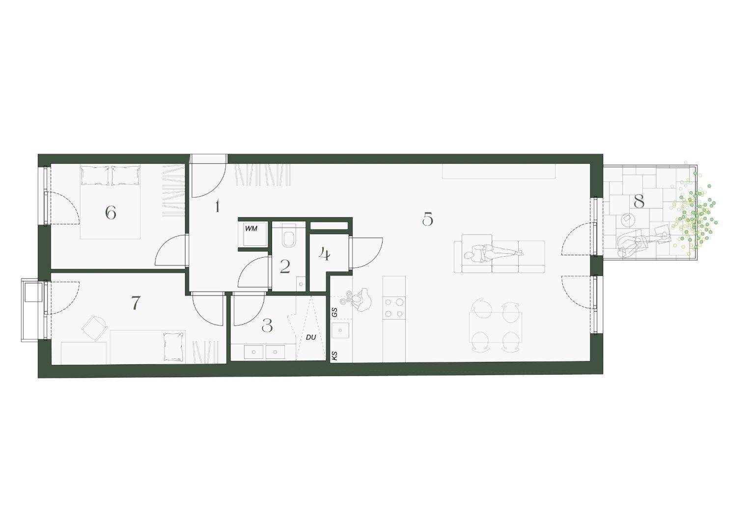 Länglicher Grundriss einer Wohnung mit zwei Schlafzimmern, offenem Wohnbereich und kleinem Balkon.