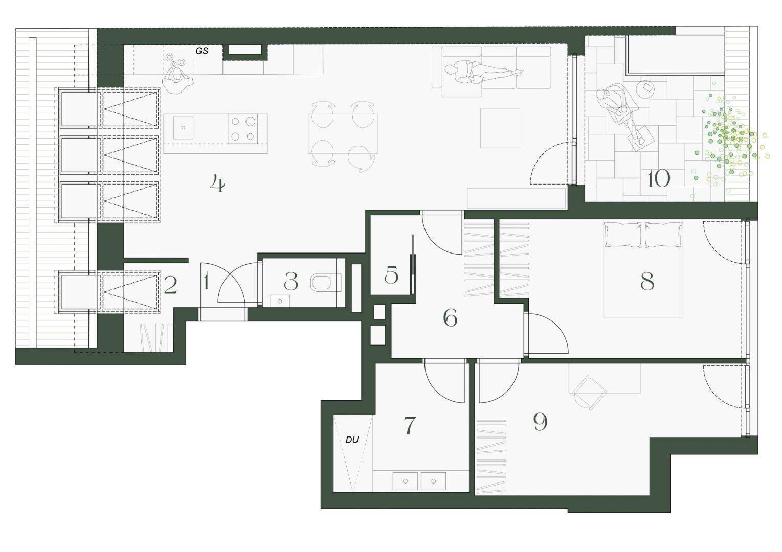 Großzügiger Grundriss einer Wohnung mit drei Schlafzimmern, offenem Wohnbereich und großer Terrasse.