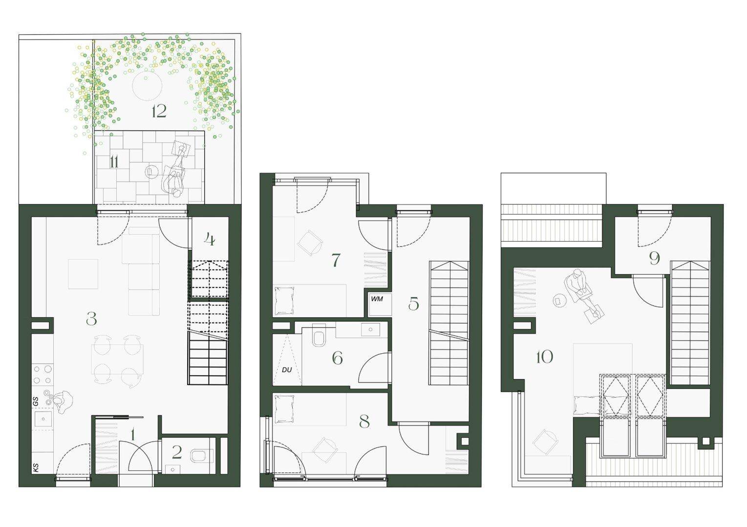 Grundriss einer Maisonette-Wohnung über drei Ebenen mit Dachschrägen und großer Terrasse.