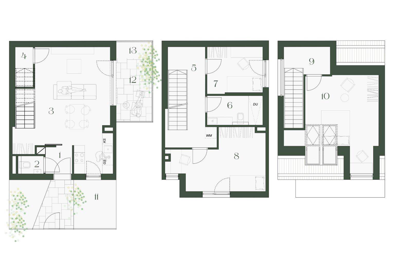 Grundriss einer Maisonette-Wohnung über mehrere Ebenen mit Dachschrägen und Terrasse.