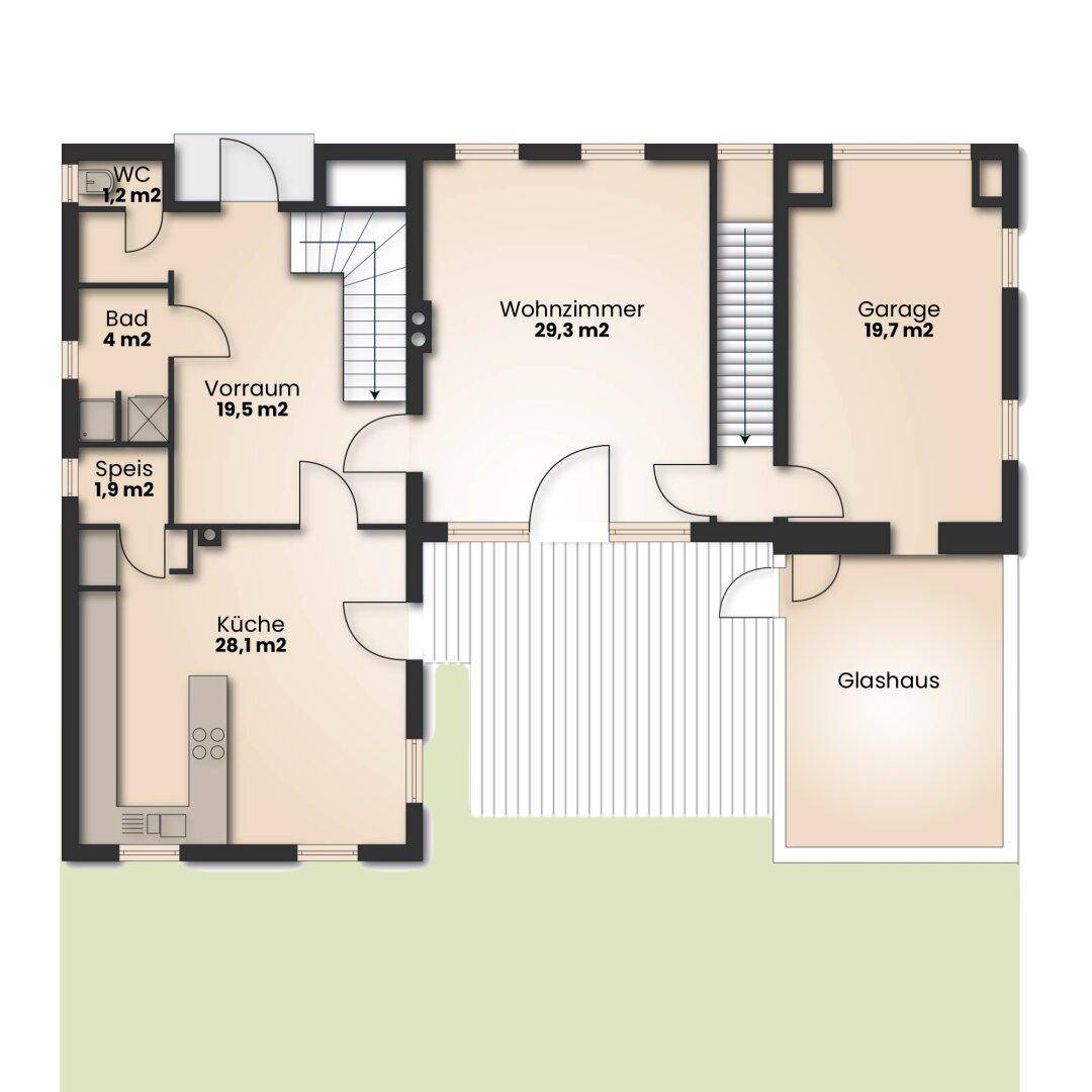 Grundriss des Erdgeschosses mit Wohnzimmer, Küche, Garage und Glasanbau.