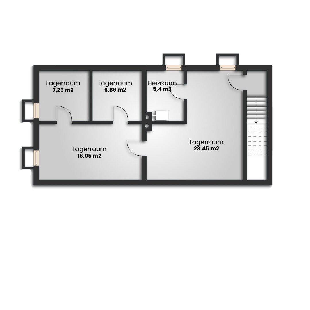 Grundriss des Kellergeschosses mit mehreren Lagerräumen und Heizraum.