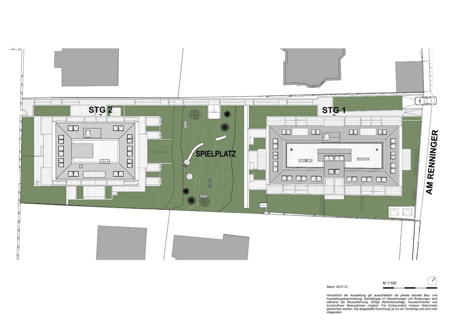 Lageplan der Wohnanlage mit zwei Gebäuden, großzügigen Grünflächen, Innenhöfen und einem zentralen Spielplatz.
