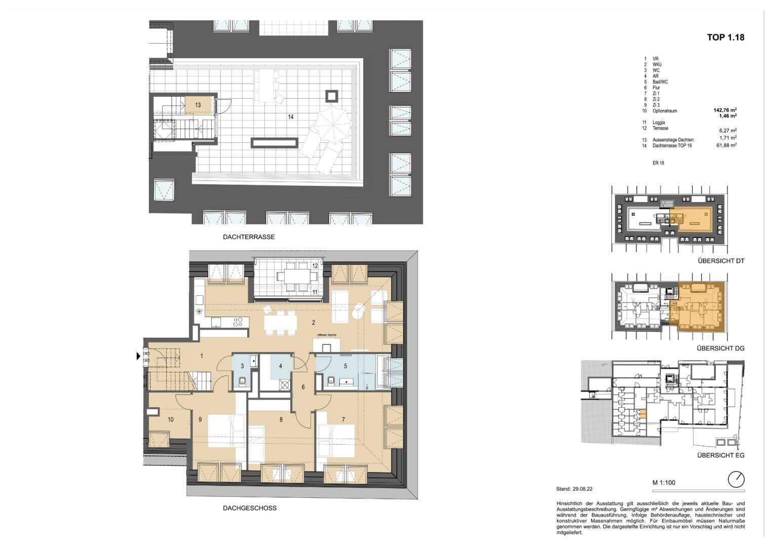 Grundriss einer Dachgeschosswohnung mit großer Dachterrasse und offenem Wohnbereich.
