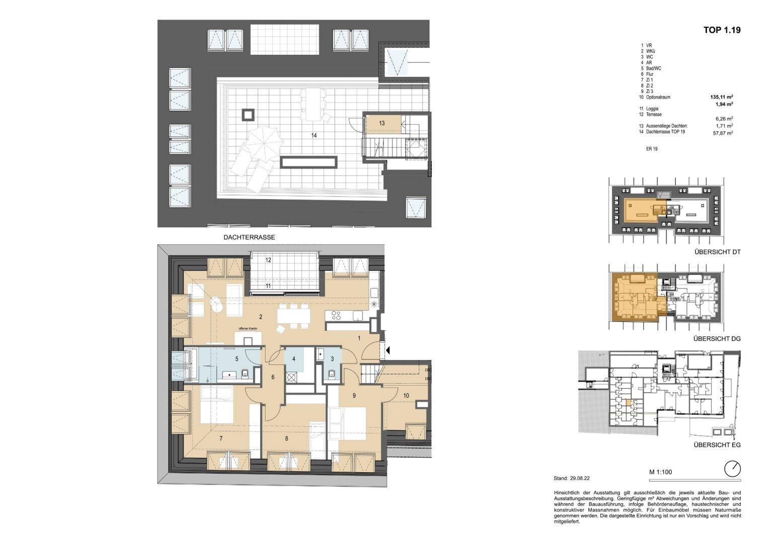 Grundriss einer Dachgeschosswohnung mit großer Dachterrasse und offenem Wohnbereich.