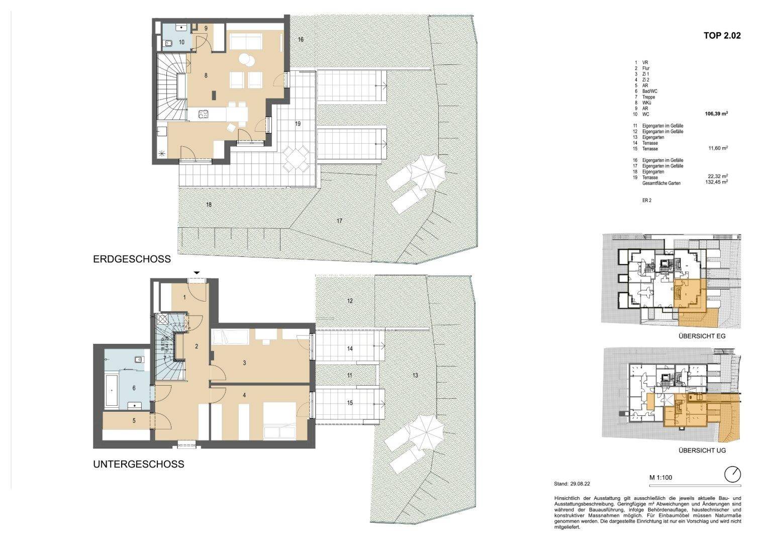 Grundriss einer Maisonette-Wohnung über Erd- und Untergeschoss mit Gartenanteil und Terrasse.