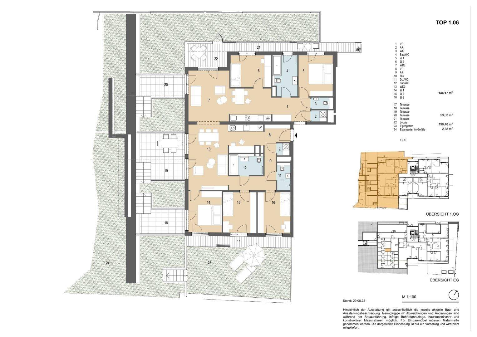 Detaillierter Grundriss einer Wohnung mit drei Schlafzimmern, zwei Bädern, einem offenen Wohnbereich und mehreren Terrassen.