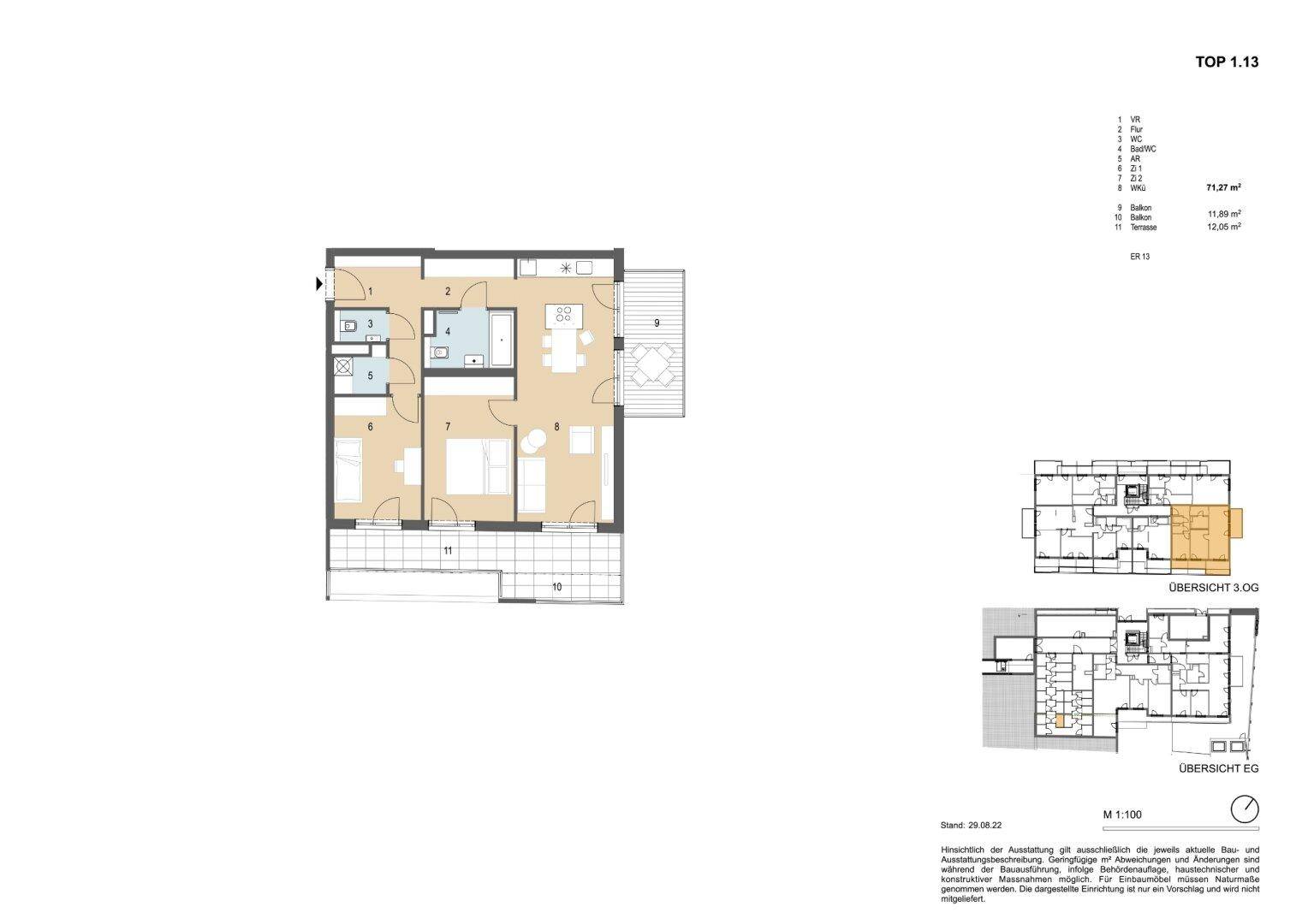 Detaillierter Grundriss einer Wohnung mit offenem Wohnbereich, zwei Schlafzimmern, Bad, separatem WC, Balkon und Terrasse.