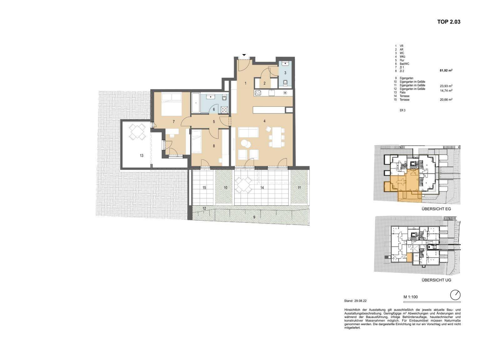 Detaillierter Grundriss einer Wohnung mit offenem Wohn-Essbereich, zwei Schlafzimmern, zwei Bädern und einer großzügigen Terrasse mit Gartenanteil.